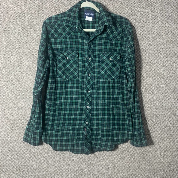Wrangler Men Shirt Medium Green Plaid Button Up Flannel Long Sleeve Outdoor Work - Picture 1 of 10